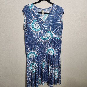 Shoreline Blue Sleeveless Dress 1X-2X Abstract Dot Pattern Knee Length Lightweig